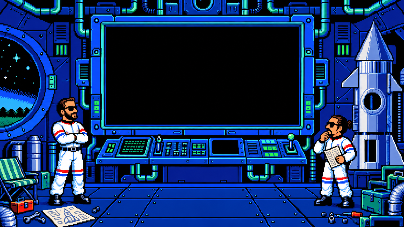 Oden and Fatzo in white astronaut suits stand beside a large mission computer in their blue and green control room